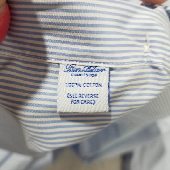 Ben Silver Shirt Mens 17.5 36 Blue Stripe Button Down Dress Classic Pocket - Picture 9 of 13